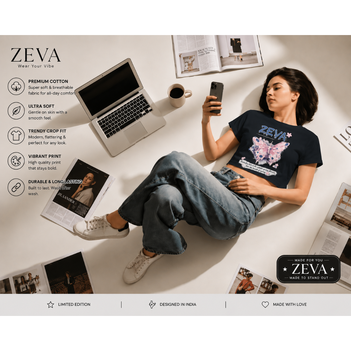 ZEVA Butterfly Bloom Crop Tee